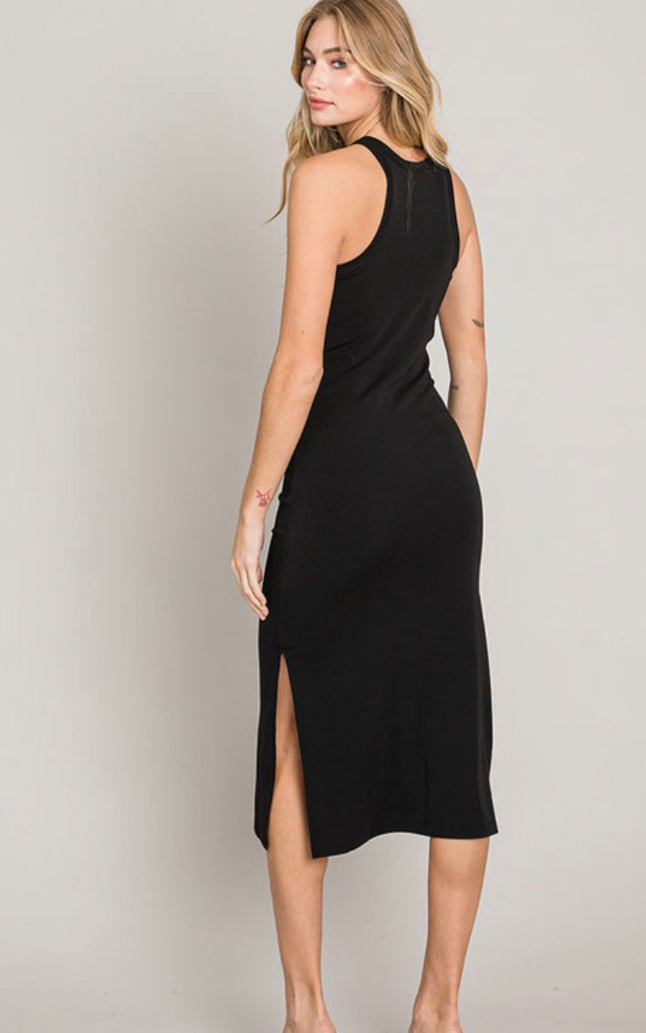 Solid black midi dress with side slit  