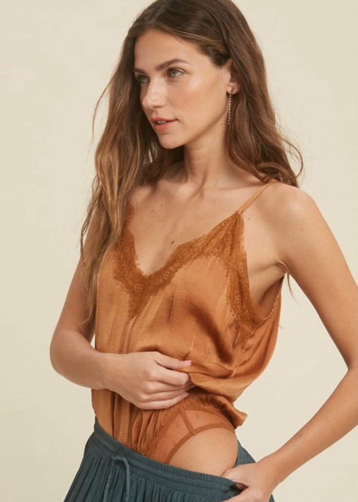 Camel brown satin bodysuit with lace trim and spaghetti straps for women