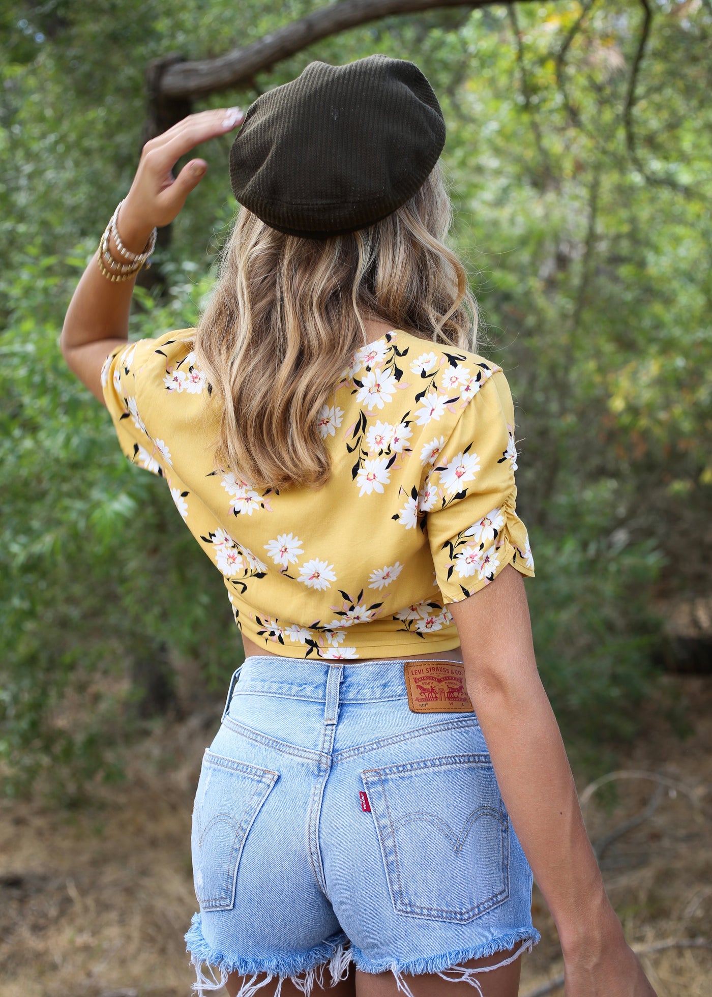 mink pink summer bloom crop top with yellow flowers 