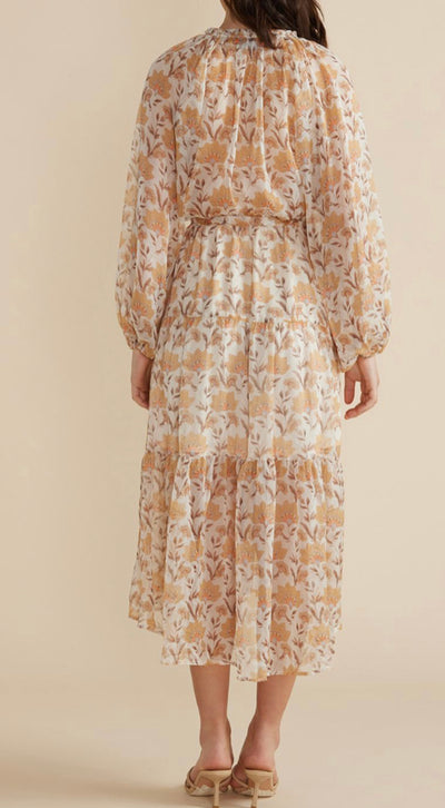 Ivory and yellow floral print midi dress with long sleeves and a tie belt by MINK PINK
