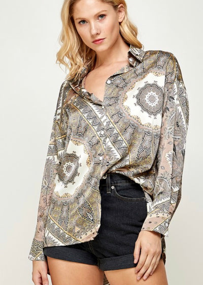 Neutral printed button down shirt for women in a silky material