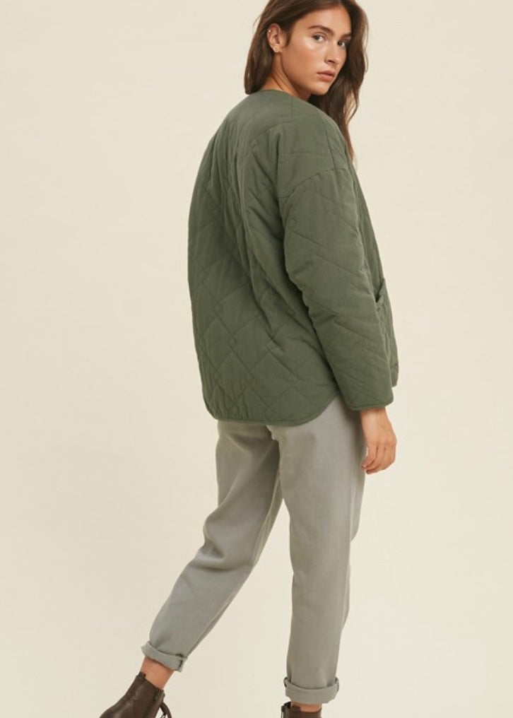 Hunter green quilted jacket with a button down front and two side pockets for women  Edit alt text