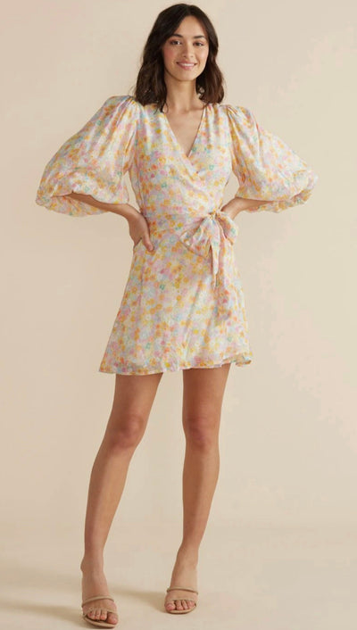 Pastel floral print dress with a puff sleeve and wrap waist by MINK PINK