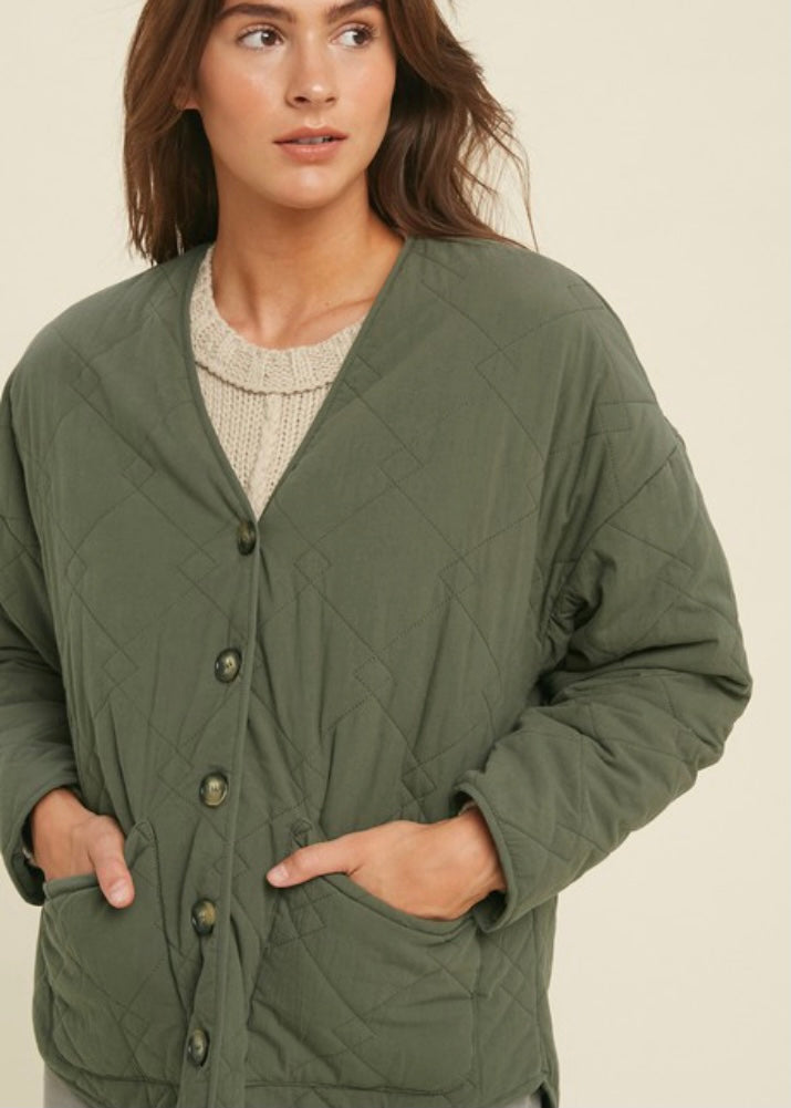 Hunter green quilted jacket with a button down front and two side pockets for women  Edit alt text