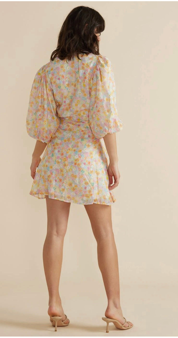 Pastel floral print mini wrap dress with a v neckline and tie waist by MINK PINK