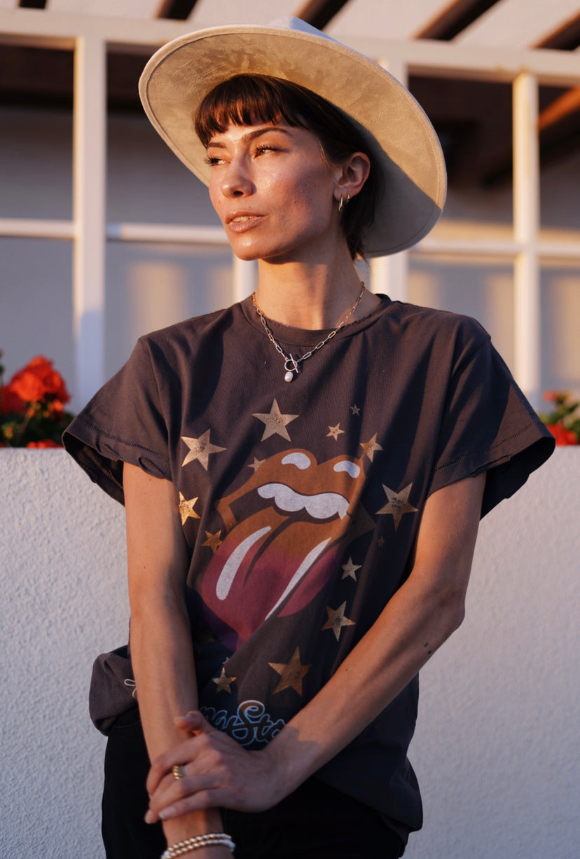 Grey distressed t-shirt with Rolling Stones tongue and stars graphic 